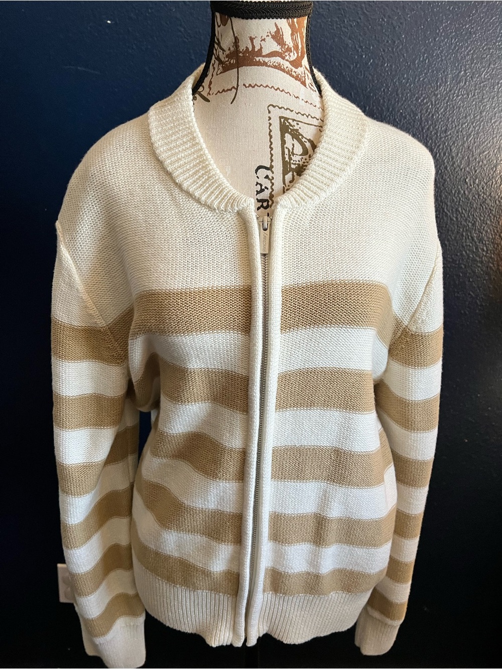 Sanctuary Cream Tan Striped Full Zip Cardigan Sweater XL
